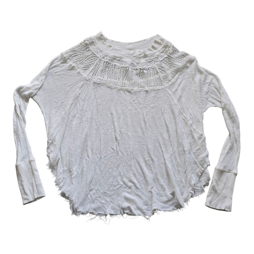 Free People White Long Sleeve‎ Waffle Knit Top Crochet Details Size M